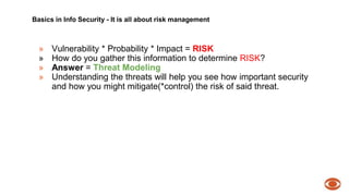Basics in Info Security - It is all about risk management 
» Vulnerability * Probability * Impact = RISK 
» How do you gather this information to determine RISK? 
» Answer = Threat Modeling 
» Understanding the threats will help you see how important security 
and how you might mitigate(*control) the risk of said threat. 
 
