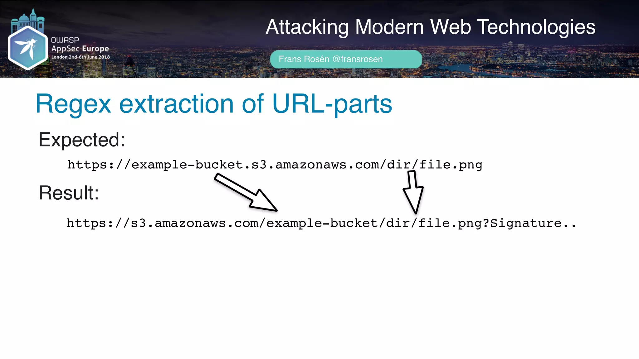 Author name her
Attacking Modern Web Technologies
Frans Rosén @fransrosen
Expected:
Regex extraction of URL-parts
https://example-bucket.s3.amazonaws.com/dir/file.png
Result:
https://s3.amazonaws.com/example-bucket/dir/file.png?Signature..
 