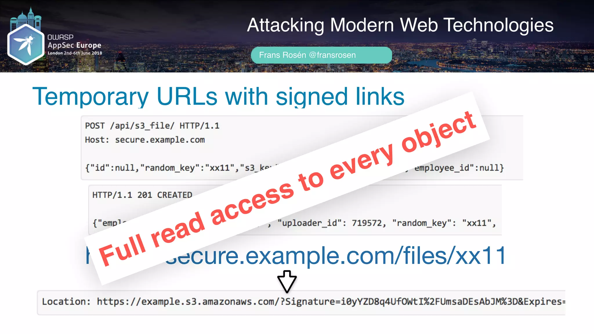 Author name her
Attacking Modern Web Technologies
Frans Rosén @fransrosen
Temporary URLs with signed links
https://secure.example.com/ﬁles/xx11Full read access to every object
 