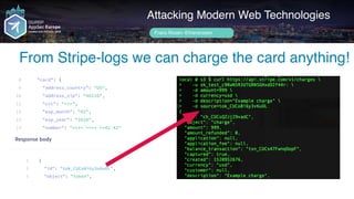 Author name her
From Stripe-logs we can charge the card anything!
Attacking Modern Web Technologies
Frans Rosén @fransrosen
 