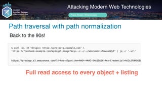 Author name her
Attacking Modern Web Technologies
Frans Rosén @fransrosen
Back to the 90s!
Path traversal with path normalization
Full read access to every object + listing
 