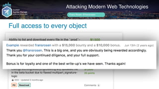 Author name her
Attacking Modern Web Technologies
Frans Rosén @fransrosen
Full access to every object
 