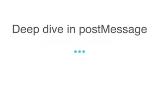 Deep dive in postMessage
Sed ut perspiciatis unde omnis iste natus error sit voluptatem accusantium doloremque
laudantium, totam rem aperiam, eaque ipsa quae ab illo inventore veritatis et quasi architecto
beatae vitae dicta sunt explicabo. Nemo enim ipsam voluptatem quia voluptas sit aspernatur
aut odit aut fugit, sed quia consequuntur magni dolores eos qui ratione voluptatem sequi
nesciunt.
 