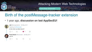 Author name her
Birth of the postMessage-tracker extension
Attacking Modern Web Technologies
Frans Rosén @fransrosen
• 1 year ago, discussion on last AppSecEU!
 