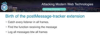 Author name her
Birth of the postMessage-tracker extension
Attacking Modern Web Technologies
Frans Rosén @fransrosen
• Catch every listener in all frames.
• Find the function receiving the message
• Log all messages btw all frames
 