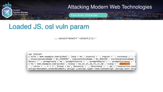 Author name her
Loaded JS, osl vuln param
Attacking Modern Web Technologies
Frans Rosén @fransrosen
...&curr=&osl='-alert(1)-'
 