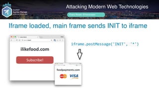 Author name her
Iframe registers the sender of INIT as msgTarget
Attacking Modern Web Technologies
Frans Rosén @fransrosen...