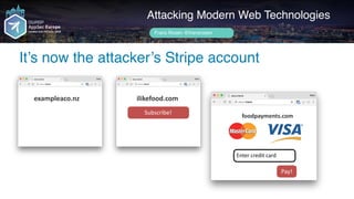 Author name her
It’s now the attacker’s Stripe account
Attacking Modern Web Technologies
Frans Rosén @fransrosen
ilikefood.com
Subscribe!
foodpayments.com
Enter	credit	card
Pay!
exampleaco.nz
 