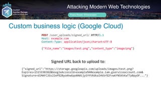 Author name her
Custom business logic (Google Cloud)
Attacking Modern Web Technologies
Frans Rosén @fransrosen
POST	/user_uploads/signed_url/	HTTP/1.1	
Host:	example.com	
Content-Type:	application/json;charset=UTF-8	
{"file_name":"images/test.png","content_type":"image/png"}
{"signed_url":"https://storage.googleapis.com/uploads/images/test.png?
Expires=1515198382&GoogleAccessId=example%40example.iam.gserviceaccount.com& 
Signature=dlMAFC2Gs22eP%2ByoAhwGqo0A0ijySYYtRdkaIHVUr%2FvwKfNSKkKwTTpBpyOF..."}	
Signed	URL	back	to	upload	to:
 