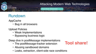 Attacking Modern Web Technologies
Rundown
Frans Rosén @fransrosen
Tool share!
AppCache
• Bug in all browsers
 
Upload Poli...