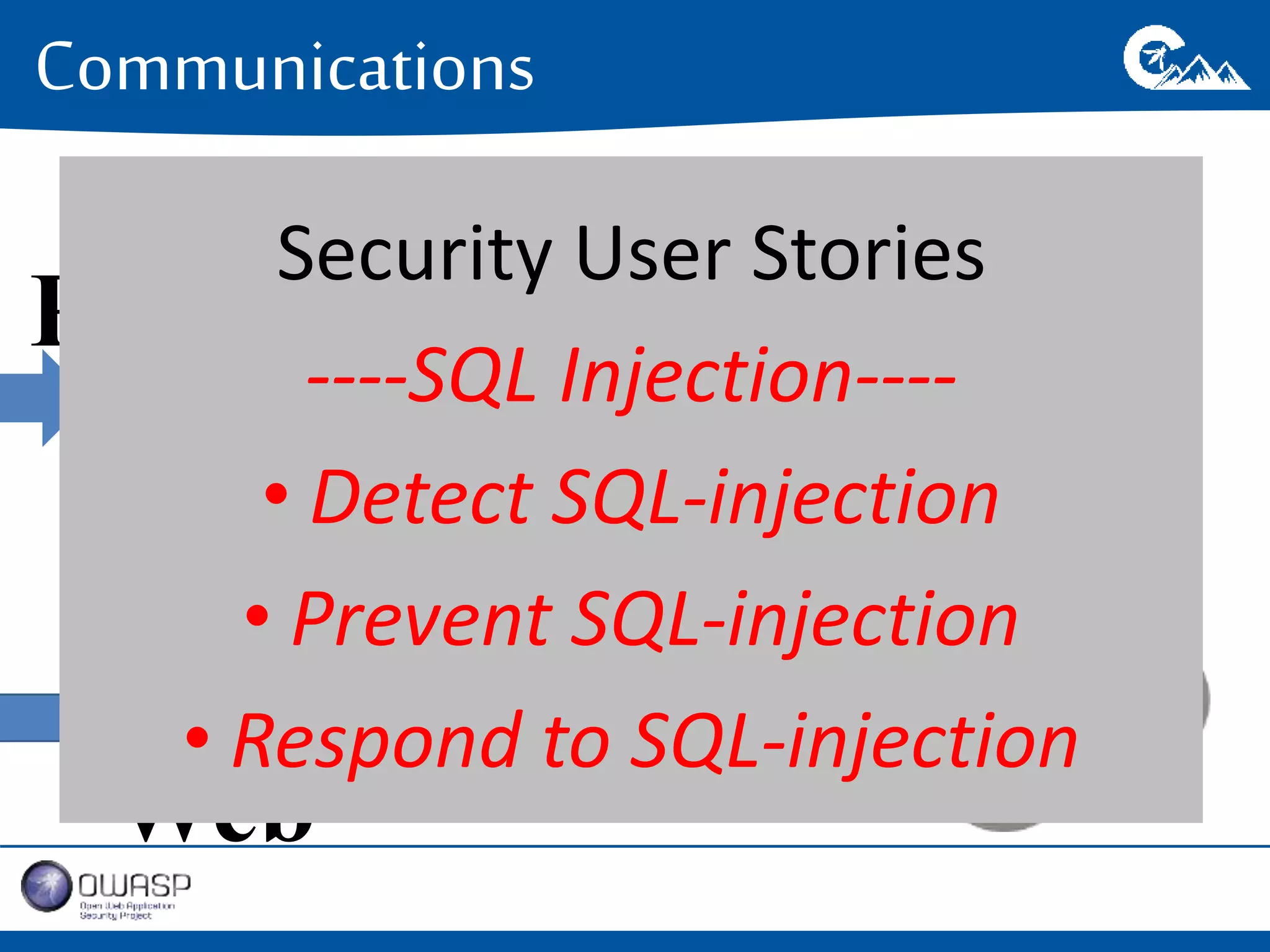 Communications 
Security User Stories 
----SQL Injection---- 
• Detect SQL-injection 
• Prevent SQL-injection 
• Respond to SQL-injection 
Data API 
POS 
Web 
SQL 
 