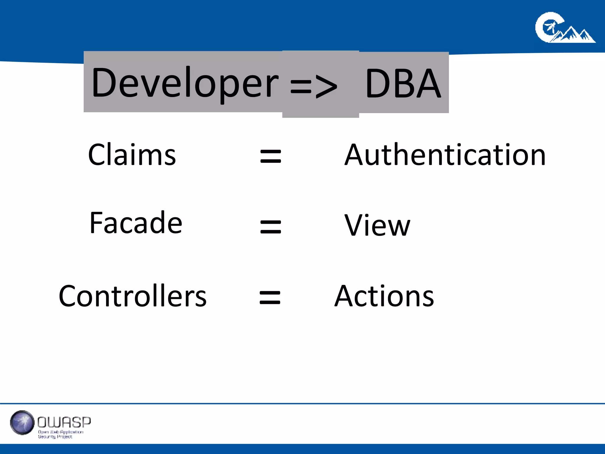 Developer => DBA 
Claims 
Facade 
Controllers 
= Authentication 
= 
View 
= 
Actions 
 