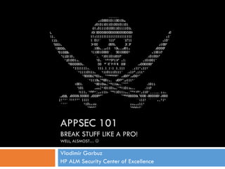 APPSEC 101
BREAK STUFF LIKE A PRO!
WELL, ALSMOST… 
Vladimir Garbuz
HP ALM Security Center of Excellence
 