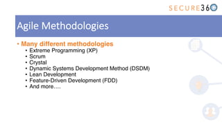 • Many different methodologies
• Extreme Programming (XP)
• Scrum
• Crystal
• Dynamic Systems Development Method (DSDM)
• Lean Development
• Feature-Driven Development (FDD)
• And more….
Agile Methodologies
 