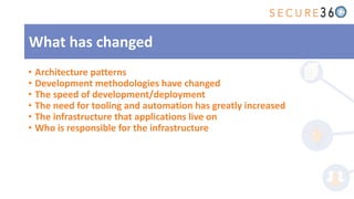 • Architecture patterns
• Development methodologies have changed
• The speed of development/deployment
• The need for tooling and automation has greatly increased
• The infrastructure that applications live on
• Who is responsible for the infrastructure
What has changed
 