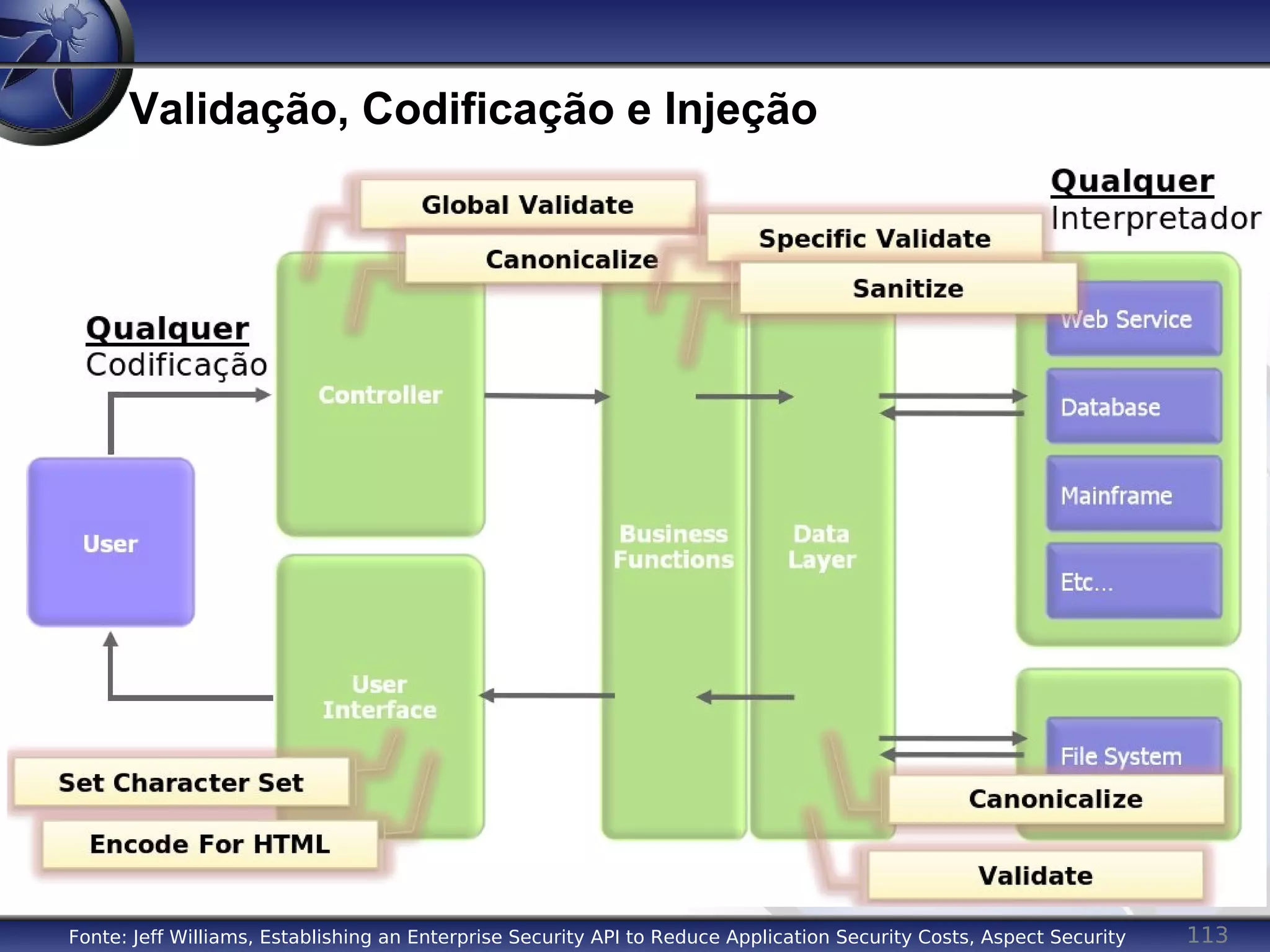 113
Validação, Codificação e Injeção
Fonte: Jeff Williams, Establishing an Enterprise Security API to Reduce Application Security Costs, Aspect Security
 