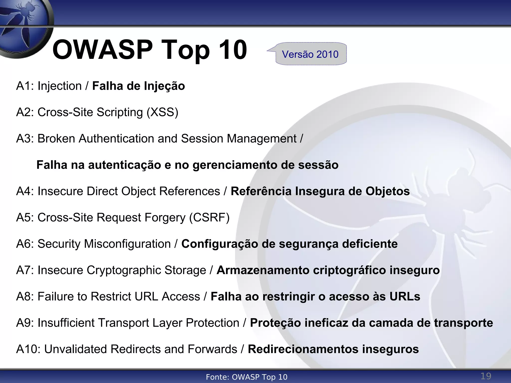19
OWASP Top 10
A1: Injection / Falha de Injeção
A2: Cross-Site Scripting (XSS)
A3: Broken Authentication and Session Management /
Falha na autenticação e no gerenciamento de sessão
A4: Insecure Direct Object References / Referência Insegura de Objetos
A5: Cross-Site Request Forgery (CSRF)
A6: Security Misconfiguration / Configuração de segurança deficiente
A7: Insecure Cryptographic Storage / Armazenamento criptográfico inseguro
A8: Failure to Restrict URL Access / Falha ao restringir o acesso às URLs
A9: Insufficient Transport Layer Protection / Proteção ineficaz da camada de transporte
A10: Unvalidated Redirects and Forwards / Redirecionamentos inseguros
Versão 2010
Fonte: OWASP Top 10
 
