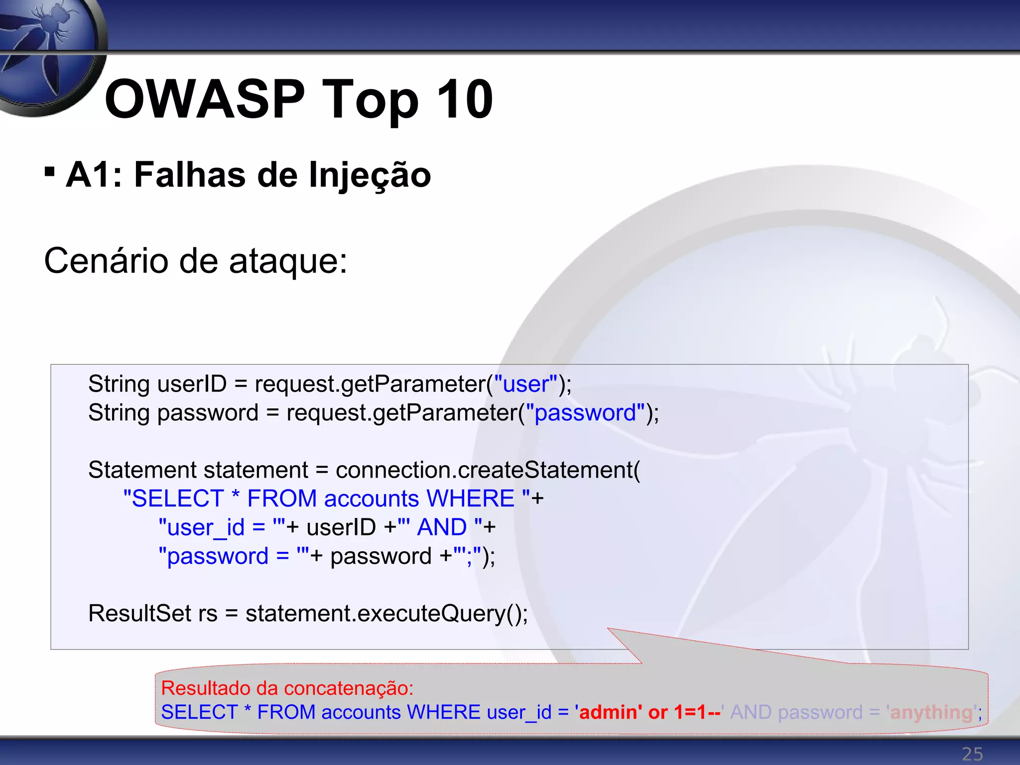 25
OWASP Top 10

A1: Falhas de Injeção
Cenário de ataque:
String userID = request.getParameter("user");
String password = request.getParameter("password");
Statement statement = connection.createStatement(
"SELECT * FROM accounts WHERE "+
"user_id = '"+ userID +"' AND "+
"password = '"+ password +"';");
ResultSet rs = statement.executeQuery();
Resultado da concatenação:
SELECT * FROM accounts WHERE user_id = 'admin' or 1=1--' AND password = 'anything';
 
