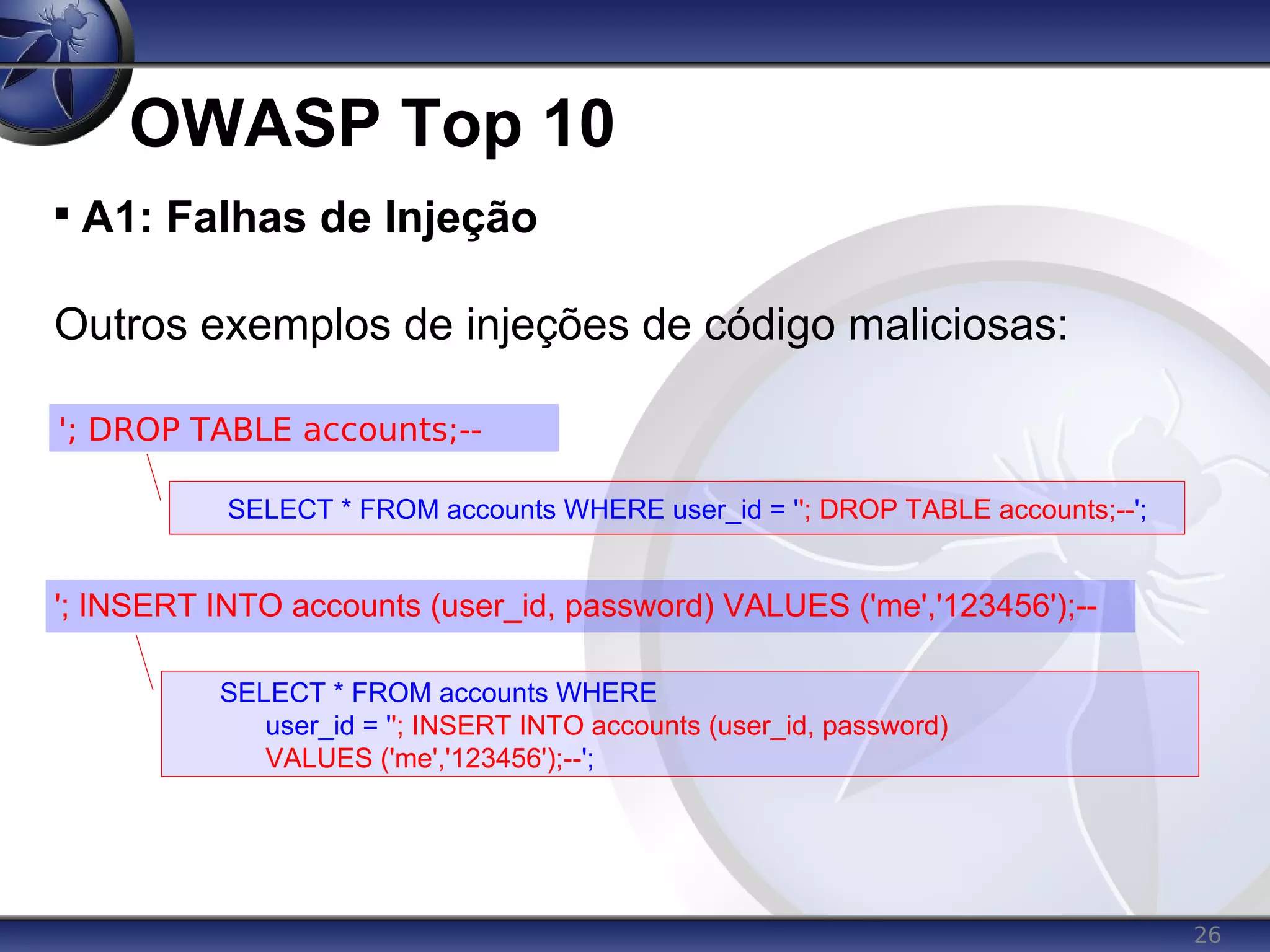 26
OWASP Top 10

A1: Falhas de Injeção
Outros exemplos de injeções de código maliciosas:
'; DROP TABLE accounts;--
SELECT * FROM accounts WHERE user_id = ''; DROP TABLE accounts;--';
'; INSERT INTO accounts (user_id, password) VALUES ('me','123456');--
SELECT * FROM accounts WHERE
user_id = ''; INSERT INTO accounts (user_id, password)
VALUES ('me','123456');--';
 