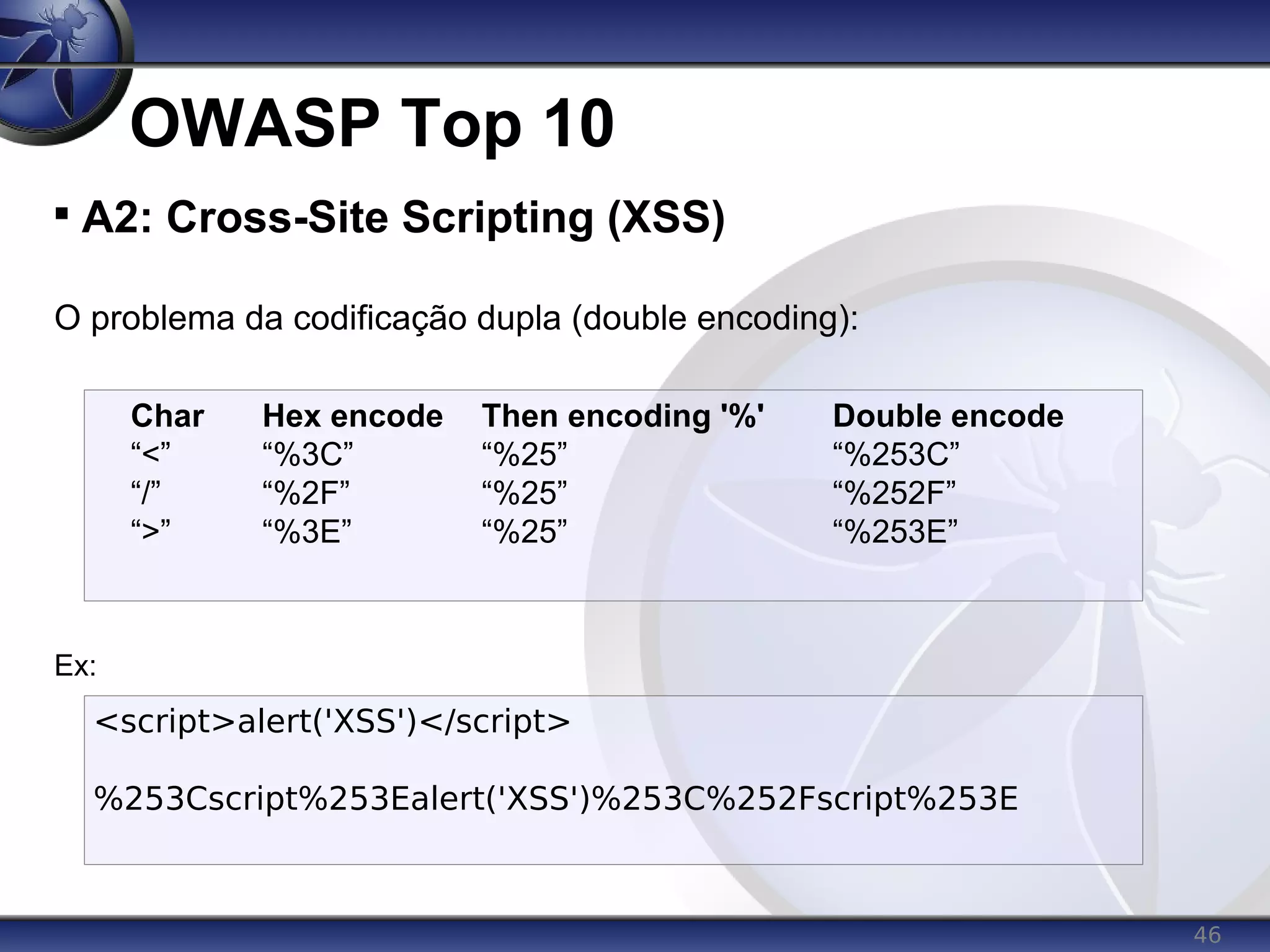 46
OWASP Top 10

A2: Cross-Site Scripting (XSS)
O problema da codificação dupla (double encoding):
Ex:
Char Hex encode Then encoding '%' Double encode
“<” “%3C” “%25” “%253C”
“/” “%2F” “%25” “%252F”
“>” “%3E” “%25” “%253E”
<script>alert('XSS')</script>
%253Cscript%253Ealert('XSS')%253C%252Fscript%253E
 