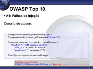 25
OWASP Top 10

A1: Falhas de Injeção
Cenário de ataque:
String userID = request.getParameter("user");
String password = request.getParameter("password");
Statement statement = connection.createStatement(
"SELECT * FROM accounts WHERE "+
"user_id = '"+ userID +"' AND "+
"password = '"+ password +"';");
ResultSet rs = statement.executeQuery();
Resultado da concatenação:
SELECT * FROM accounts WHERE user_id = 'admin' or 1=1--' AND password = 'anything';
 