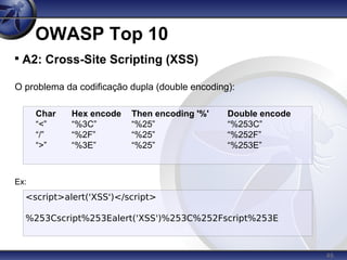 46
OWASP Top 10

A2: Cross-Site Scripting (XSS)
O problema da codificação dupla (double encoding):
Ex:
Char Hex encode Then encoding '%' Double encode
“<” “%3C” “%25” “%253C”
“/” “%2F” “%25” “%252F”
“>” “%3E” “%25” “%253E”
<script>alert('XSS')</script>
%253Cscript%253Ealert('XSS')%253C%252Fscript%253E
 