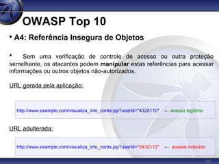58
OWASP Top 10

A4: Referência Insegura de Objetos

Sem uma verificação de controle de acesso ou outra proteção
semelhante, os atacantes podem manipular estas referências para acessar
informações ou outros objetos não-autorizados.
URL gerada pela aplicação:
URL adulterada:
http://www.example.com/visualiza_info_conta.jsp?userId="4325110" ← acesso legítimo
http://www.example.com/visualiza_info_conta.jsp?userId="5432112" ← acesso indevido
 