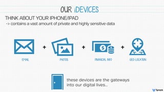 OUR iDEVICES
EMAIL PHOTOS FINANCIAL INFO
these devices are the gateways
into our digital lives…
THINK ABOUT YOUR IPHONE/IP...