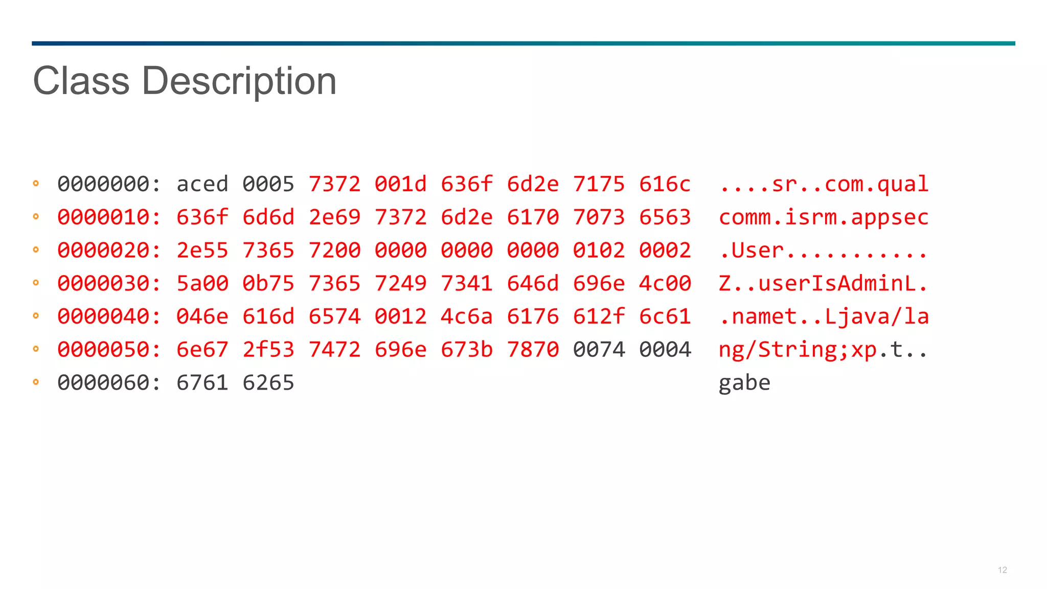12
0000000: aced 0005 7372 001d 636f 6d2e 7175 616c ....sr..com.qual
0000010: 636f 6d6d 2e69 7372 6d2e 6170 7073 6563 comm.isrm.appsec
0000020: 2e55 7365 7200 0000 0000 0000 0102 0002 .User...........
0000030: 5a00 0b75 7365 7249 7341 646d 696e 4c00 Z..userIsAdminL.
0000040: 046e 616d 6574 0012 4c6a 6176 612f 6c61 .namet..Ljava/la
0000050: 6e67 2f53 7472 696e 673b 7870 0074 0004 ng/String;xp.t..
0000060: 6761 6265 gabe
Class Description
 