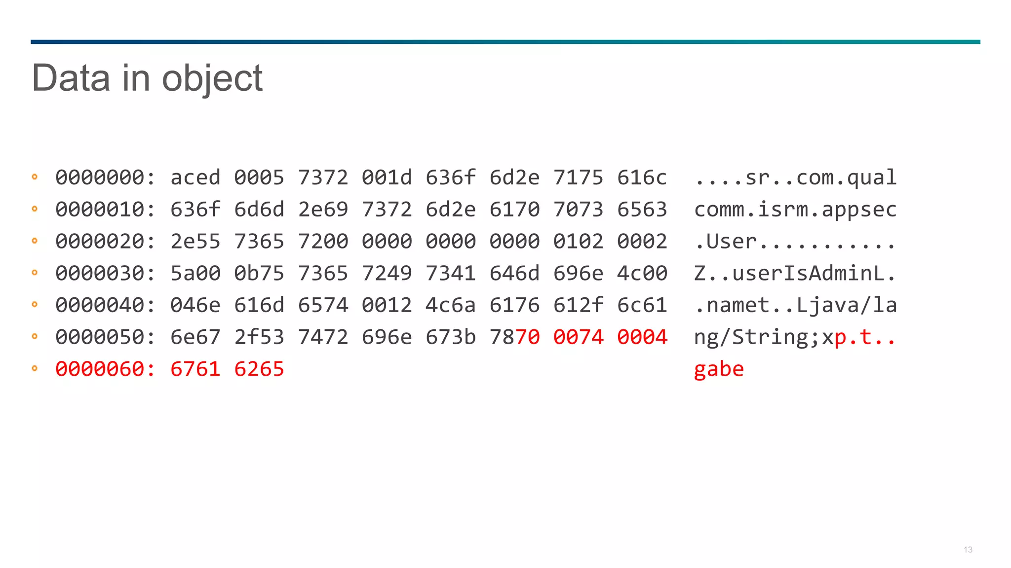 13
0000000: aced 0005 7372 001d 636f 6d2e 7175 616c ....sr..com.qual
0000010: 636f 6d6d 2e69 7372 6d2e 6170 7073 6563 comm.isrm.appsec
0000020: 2e55 7365 7200 0000 0000 0000 0102 0002 .User...........
0000030: 5a00 0b75 7365 7249 7341 646d 696e 4c00 Z..userIsAdminL.
0000040: 046e 616d 6574 0012 4c6a 6176 612f 6c61 .namet..Ljava/la
0000050: 6e67 2f53 7472 696e 673b 7870 0074 0004 ng/String;xp.t..
0000060: 6761 6265 gabe
Data in object
 