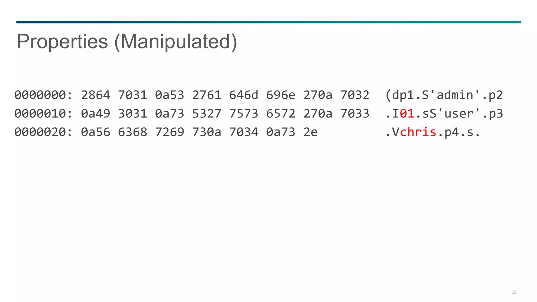 22
0000000: 2864 7031 0a53 2761 646d 696e 270a 7032 (dp1.S'admin'.p2
0000010: 0a49 3031 0a73 5327 7573 6572 270a 7033 .I01.sS'user'.p3
0000020: 0a56 6368 7269 730a 7034 0a73 2e .Vchris.p4.s.
Properties (Manipulated)
 