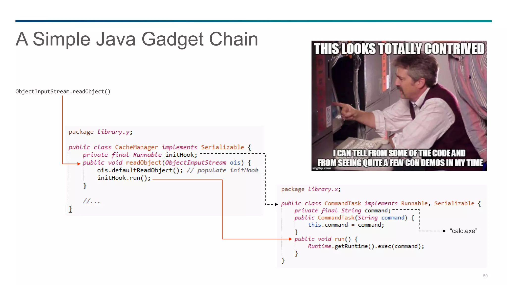 50
A Simple Java Gadget Chain
ObjectInputStream.readObject()
“calc.exe”
 