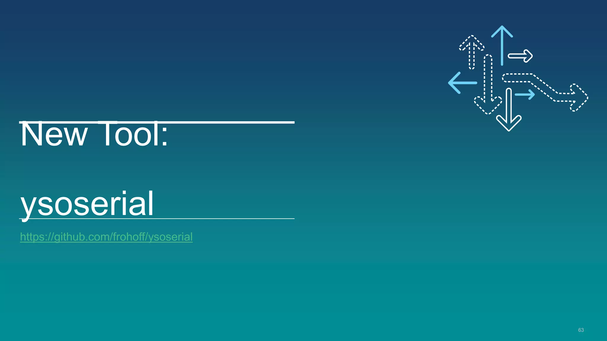 63
New Tool:
ysoserial
https://github.com/frohoff/ysoserial
 