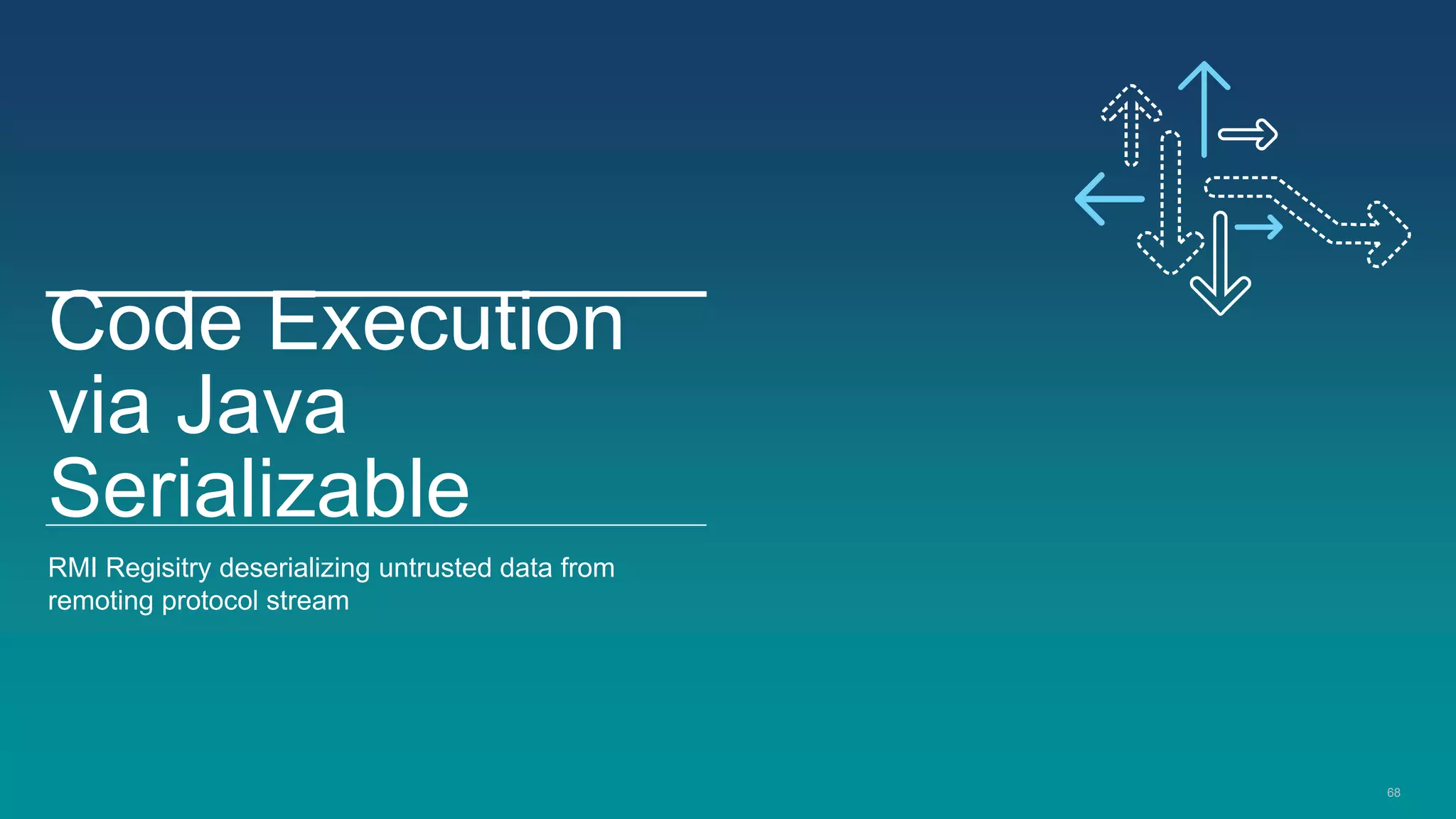 68
Code Execution
via Java
Serializable
RMI Regisitry deserializing untrusted data from
remoting protocol stream
 