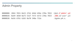 20
0000000: 2864 7031 0a53 2761 646d 696e 270a 7032 (dp1.S'admin'.p2
0000010: 0a49 3030 0a73 5327 7573 6572 270a 7033 .I00.sS'user'.p3
0000020: 0a56 6761 6265 0a70 340a 732e .Vgabe.p4.s.
Admin Property
 