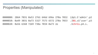22
0000000: 2864 7031 0a53 2761 646d 696e 270a 7032 (dp1.S'admin'.p2
0000010: 0a49 3031 0a73 5327 7573 6572 270a 7033 .I01.sS'user'.p3
0000020: 0a56 6368 7269 730a 7034 0a73 2e .Vchris.p4.s.
Properties (Manipulated)
 