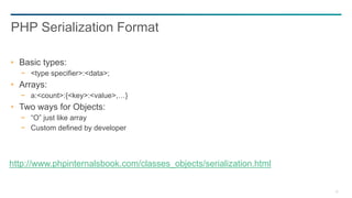 26
PHP Serialization Format
Basic types:
− <type specifier>:<data>;
Arrays:
− a:<count>:{<key>:<value>,…}
Two ways for Objects:
− “O” just like array
− Custom defined by developer
http://www.phpinternalsbook.com/classes_objects/serialization.html
 