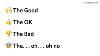 @kelleyrobinson
🙌 The Good
👍 The OK
👎 The Bad
😰 The. . . oh. . . oh no
 