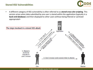 Stored XSS Vulnerabilities                                                                       Security Verified




•   A different category of XSS vulnerability is often referred to as stored cross-site scripting. This
    version arises when data submitted by one user is stored within the application (typically in a
    back-end database) and then displayed to other users without being filtered or sanitized
    appropriately




                             © 2012 iCode information security All rights reserved
 