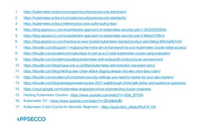 1. https://kubernetes.io/docs/concepts/security/pod-security-admission/
2. https://kubernetes.io/docs/concepts/security/pod-security-standards/
3. https://kubernetes.io/docs/reference/access-authn-authz/rbac/
4. https://blog.appsecco.com/a-pentesters-approach-to-kubernetes-security-part-1-2b328252954a
5. https://blog.appsecco.com/a-pentesters-approach-to-kubernetes-security-part-2-8efac412fbc5
6. https://blog.appsecco.com/hacking-an-aws-hosted-kubernetes-backed-product-and-failing-904cbe0b7c0d
7. https://kloudle.com/blog/part-1-mapping-the-mitre-att-ck-framework-to-your-kubernetes-cluster-initial-access/
8. https://kloudle.com/academy/simple-steps-to-set-up-a-2-node-kubernetes-cluster-using-kubeadm/
9. https://kloudle.com/academy/auditing-kubernetes-with-kubeaudit-conducting-an-assessment/
10. https://kloudle.com/blog/rogue-one-a-certified-kubernetes-administrator-cka-exam-story/
11. https://kloudle.com/blog/refuting-aws-chain-attack-digging-deeper-into-eks-zero-days-claim/
12. https://kloudle.com/academy/5-important-security-settings-you-need-to-review-for-your-gke-clusters/
13. https://kloudle.com/blog/developerweek-europe-2021-walkthrough-of-the-talk-slides-and-audience-questions/
14. https://cloud.google.com/kubernetes-engine/docs/how-to/protecting-cluster-metadata
15. Hacking Kubernetes Clusters - https://www.youtube.com/watch?v=xDj4_ZI1Y9A
16. Kubernetes 101 - https://www.youtube.com/watch?v=Z5nj6IpNJIM
17. Kubernetes Crash Course for Absolute Beginners - https://youtu.be/s_o8dwzRlu4?t=104
 