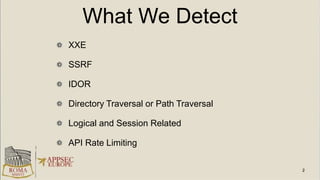 What We Detect
XXE
SSRF
IDOR
Directory Traversal or Path Traversal
Logical and Session Related
API Rate Limiting
 