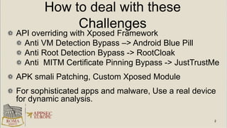 How to deal with these
Challenges
API overriding with Xposed Framework
Anti VM Detection Bypass –> Android Blue Pill
Anti Root Detection Bypass -> RootCloak
Anti MITM Certificate Pinning Bypass -> JustTrustMe
APK smali Patching, Custom Xposed Module
For sophisticated apps and malware, Use a real device
for dynamic analysis.
 