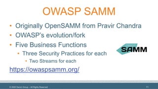 © 2020 Denim Group – All Rights Reserved
OWASP SAMM
• Originally OpenSAMM from Pravir Chandra
• OWASP’s evolution/fork
• Five Business Functions
• Three Security Practices for each
• Two Streams for each
https://owaspsamm.org/
11
 