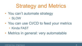 © 2020 Denim Group – All Rights Reserved
Strategy and Metrics
• You can’t automate strategy
• SLOW
• You can use CI/CD to feed your metrics
• Kinda FAST
• Metrics in general: very automatable
26
 
