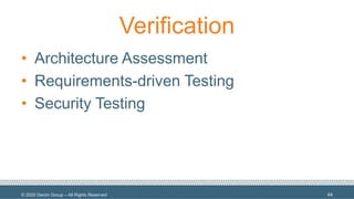 © 2020 Denim Group – All Rights Reserved
Verification
• Architecture Assessment
• Requirements-driven Testing
• Security Testing
44
 